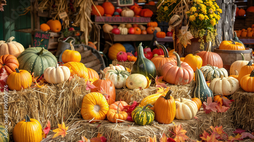 Vibrant display of pumpkin, butternut squash, different colors and sizes at the fair photo