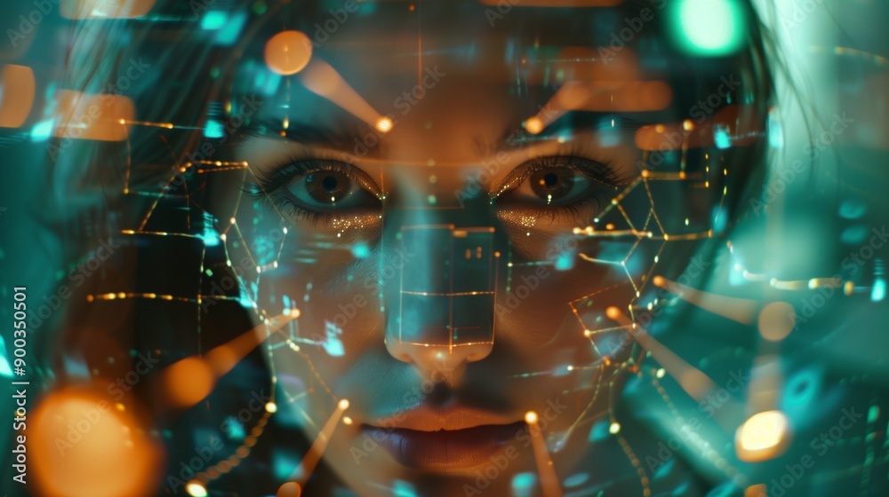 Face of woman with reflection of micro-schemes and computer network Face of woman with reflection of micro-schemes and computer network