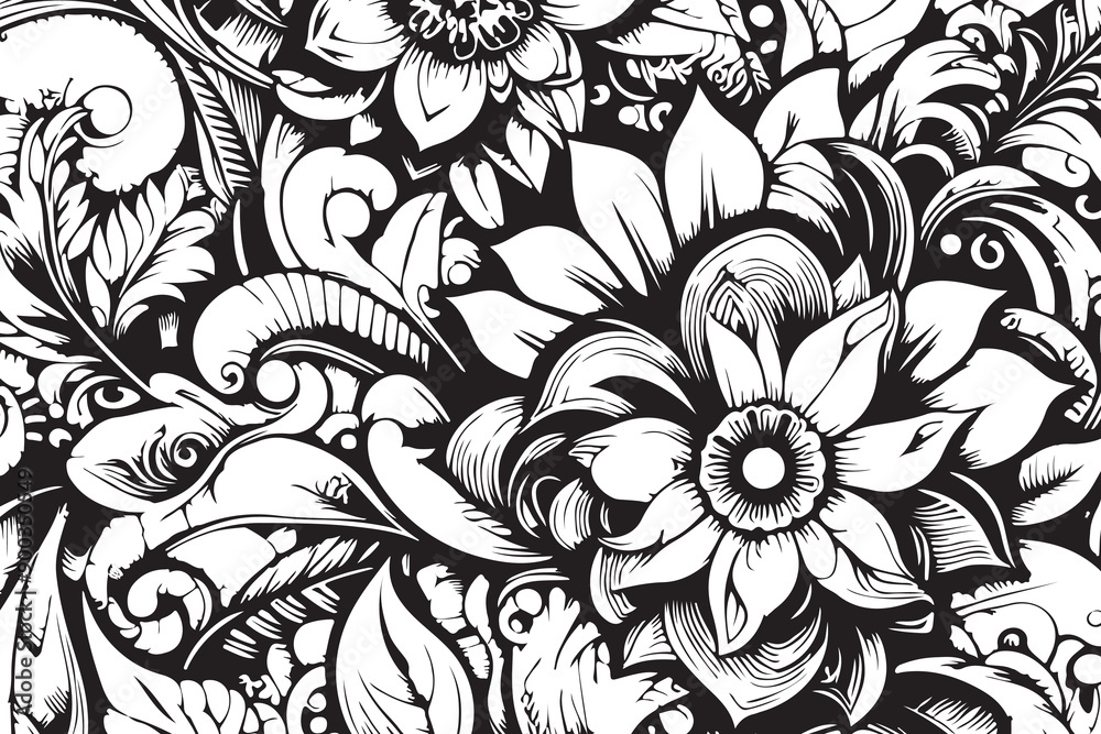 Monochrome floral pattern displayed in the image Monochrome floral pattern displayed in the image