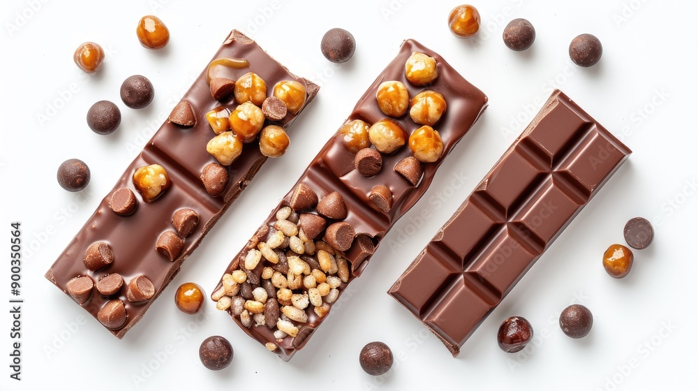 Closeup top view of a cut chocolate bar with crispy wafers, rice balls, and caramel, isolated on white background, ideal for pastry shop visuals Closeup top view of a cut chocolate bar with crispy wafers, rice balls, and caramel, isolated on white background, ideal for pastry shop visuals