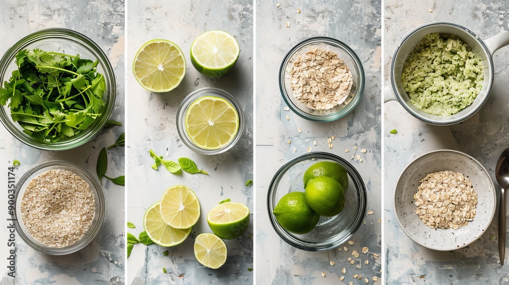 Limes, Oats, and Fresh Ingredients on Rustic Background. Food Preparation and Healthy Eating Limes, Oats, and Fresh Ingredients on Rustic Background. Food Preparation and Healthy Eating