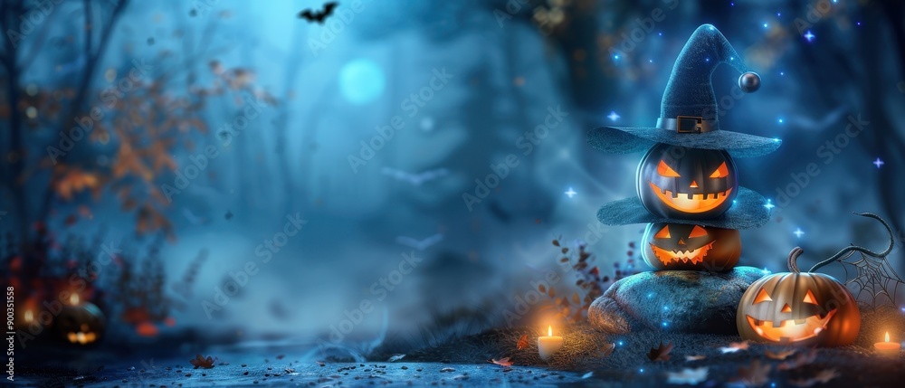A mystical Halloween scene featuring glowing pumpkins and a magical atmosphere filled with enchanting blue light. A mystical Halloween scene featuring glowing pumpkins and a magical atmosphere filled with enchanting blue light.
