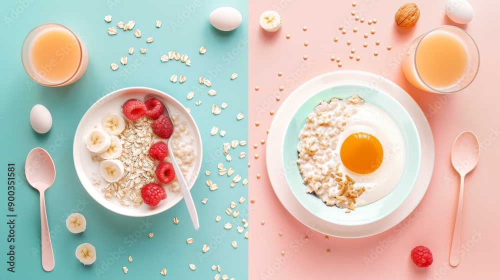 Healthy Breakfast Choices. Fresh Fruit Oatmeal and Sunny-Side Up Egg with Juice Healthy Breakfast Choices. Fresh Fruit Oatmeal and Sunny-Side Up Egg with Juice