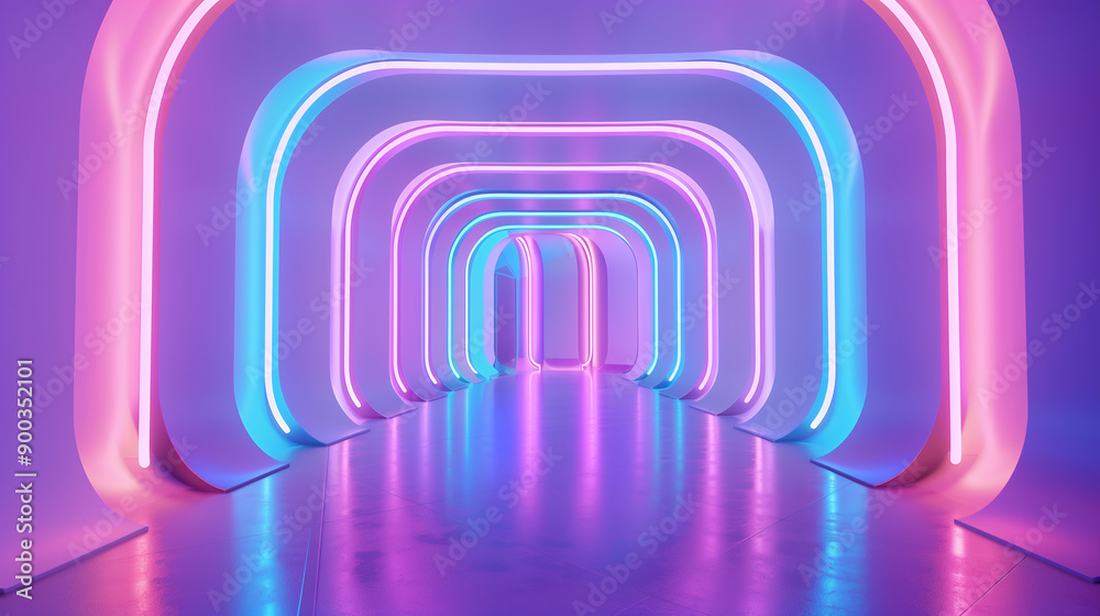 Naklejka premium A stunning 3D render of a white room with neon tubes in electric blue and hot pink, creating elegant overlapping wave patterns, ideal for a fashionable visual display