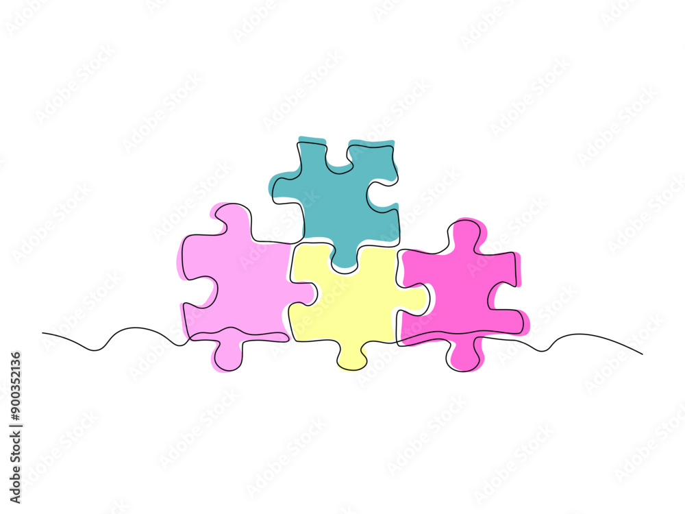 Abstract puzzle, puzzle pieces. continuous single line art drawing sketch, logo