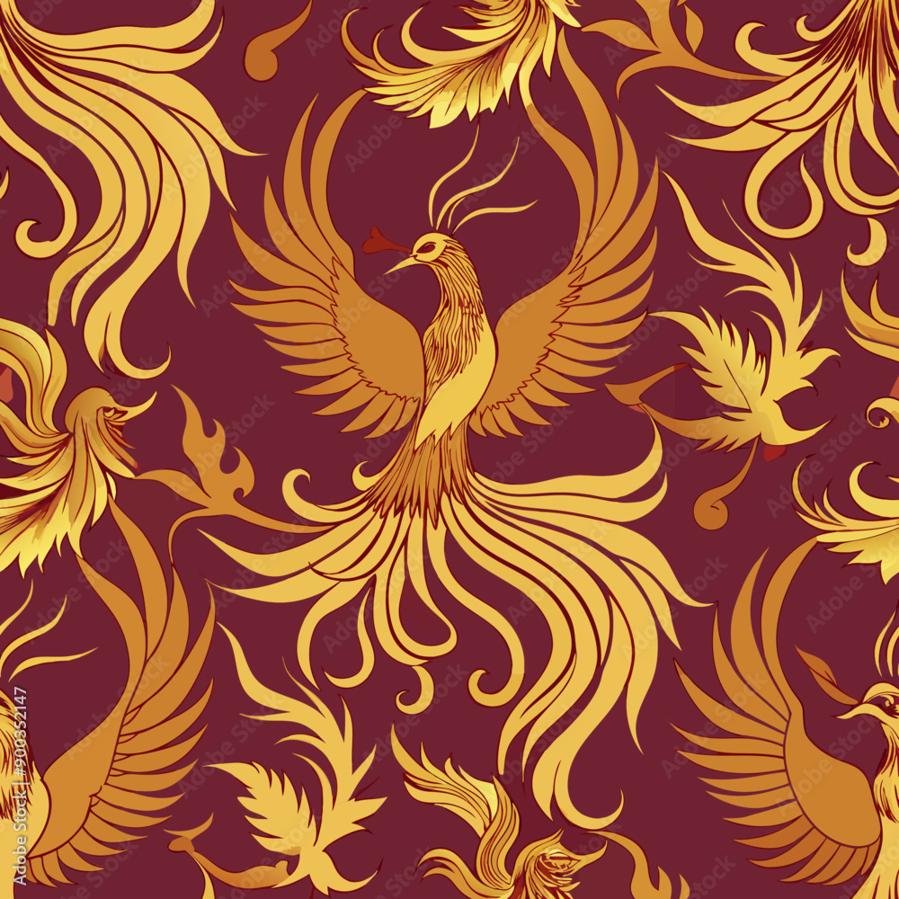 Obraz premium Seamless Vector Background of Phoenix Patterns. Perfect for: Chinese New Year, Cultural Celebrations, Decorative Projects