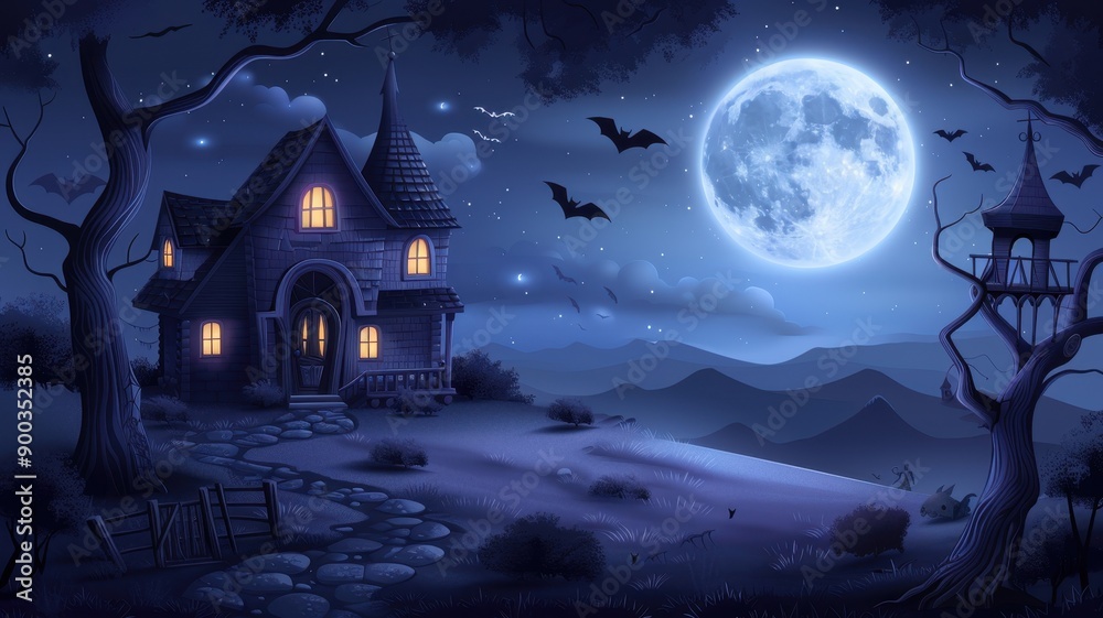 A spooky, enchanting night scene featuring a haunted house under a full moon with bats flying in a dark, starry sky. A spooky, enchanting night scene featuring a haunted house under a full moon with bats flying in a dark, starry sky.