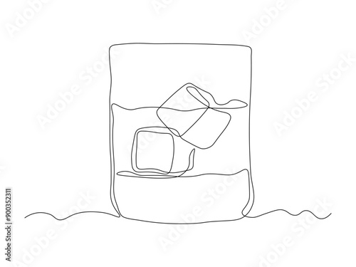 Abstract glass whiskey on the rocks , alcohol, lemonade,bar. continuous single line art drawing sketch, logo