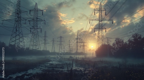 A misty landscape with electrical towers in the distance, perfect for use in environmental or infrastructure-related projects