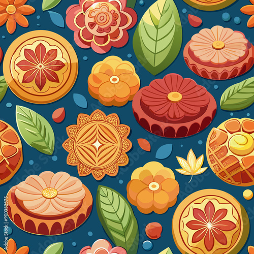 Seamless Vector Background of Various Mooncakes with Intricate Patterns. Perfect for: Mid-Autumn Festival, Food-Themed Projects, Cultural Celebrations