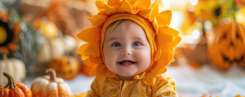 Adorable baby dressed as a sunflower surrounded by autumn pumpkins, showcasing joy and warmth of the fall season.