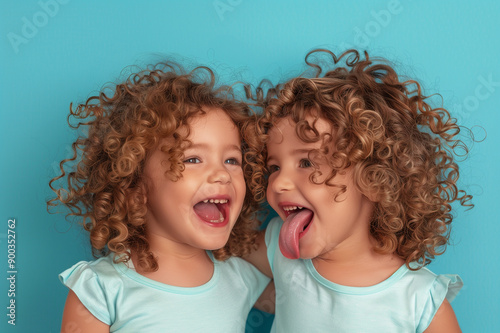 Two curly haired young twin sisters standing