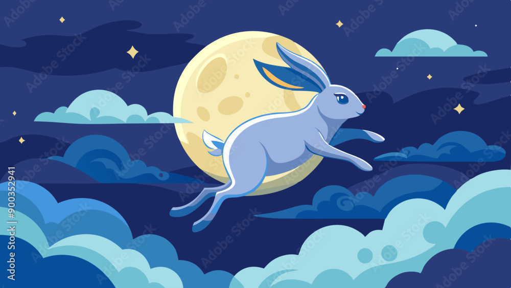 Vector Illustration of a Rabbit Jumping Among Clouds with a Full Moon. Perfect for: Mid-Autumn Festival, Festive Decor, Children's Projects Vector Illustration of a Rabbit Jumping Among Clouds with a Full Moon. Perfect for: Mid-Autumn Festival, Festive Decor, Children's Projects