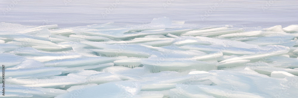 landscape with snow and ice pieces floating in ocean