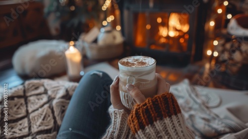Cozy Winter Evening by the Fireplace with Warm Drink and Knitted Blanket
