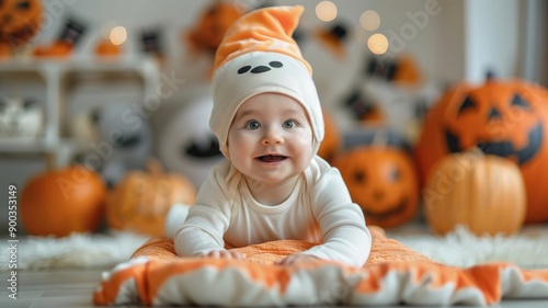 Adorable baby in a playful Halloween setting with pumpkins and festive decorations, bringing joy and warmth to autumn celebrations.
