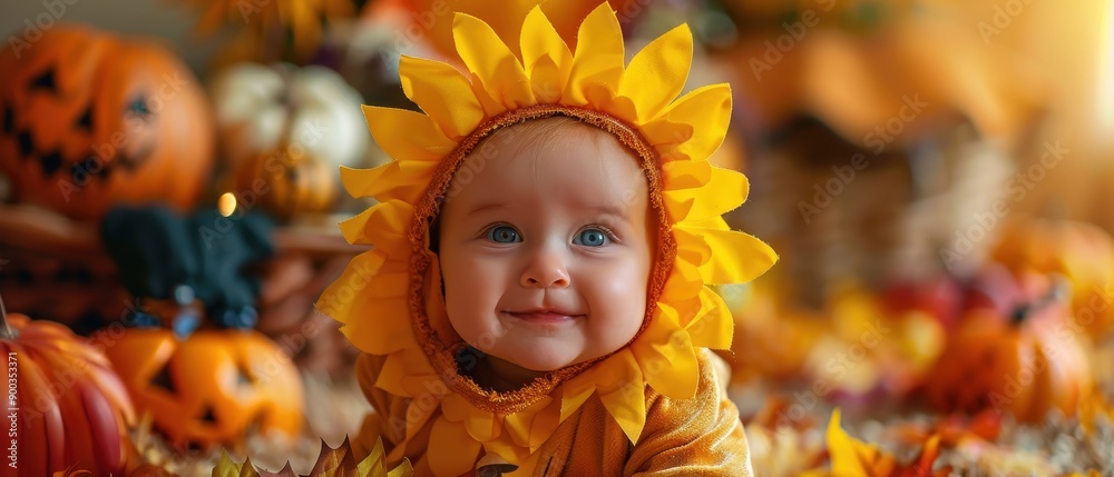 Adorable baby in a sunflower costume, surrounded by colorful pumpkins. A perfect capture of joy during autumn festivities. Adorable baby in a sunflower costume, surrounded by colorful pumpkins. A perfect capture of joy during autumn festivities.