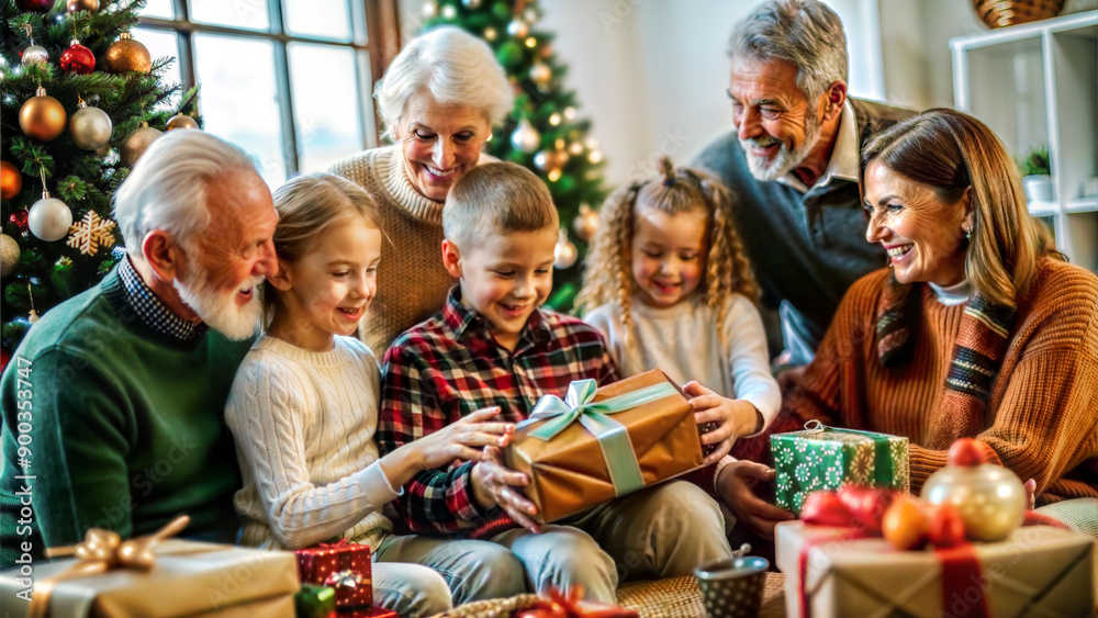 Happy family with gift boxes sitting on sofa in living room at home Happy family with gift boxes sitting on sofa in living room at home