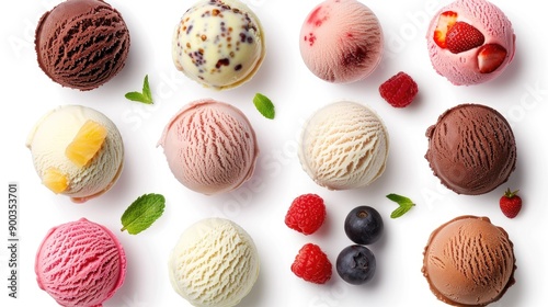 Ice cream scoops with different fruit toppings isolated on white background cutout, perfect for creating artwork and mockup templates