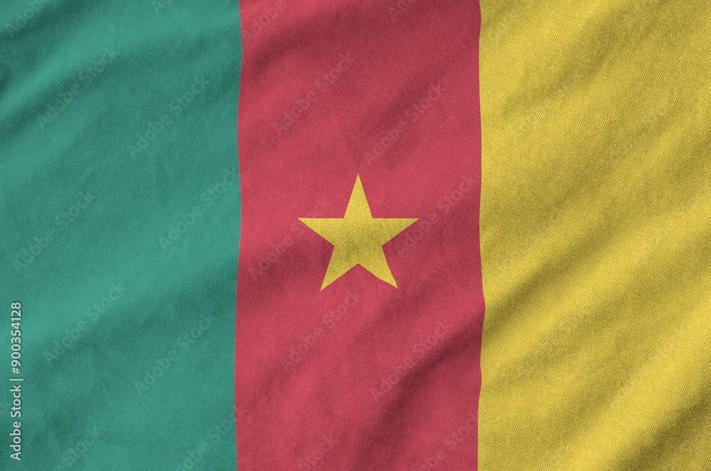 Cameroon flag depicted on folded wavy fabric of old cloth close up Cameroon flag depicted on folded wavy fabric of old cloth close up