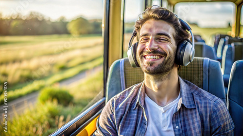 Young handsome man listening to music in a bus, wearing headphones.