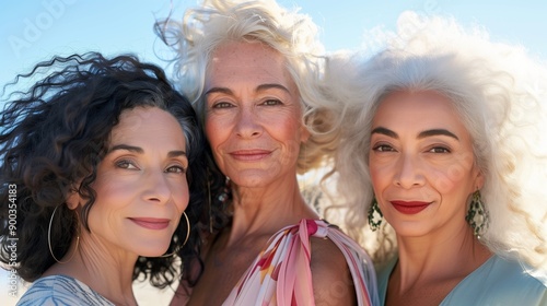 Diverse mature women outside against blue sky