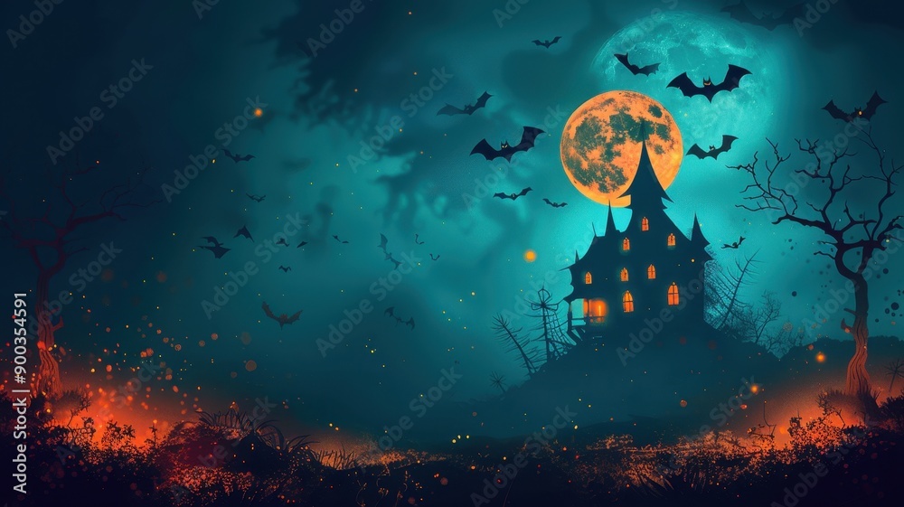 Spooky haunted house under a full moon, surrounded by bats and eerie fog, perfect for Halloween themed designs and illustrations. Spooky haunted house under a full moon, surrounded by bats and eerie fog, perfect for Halloween themed designs and illustrations.