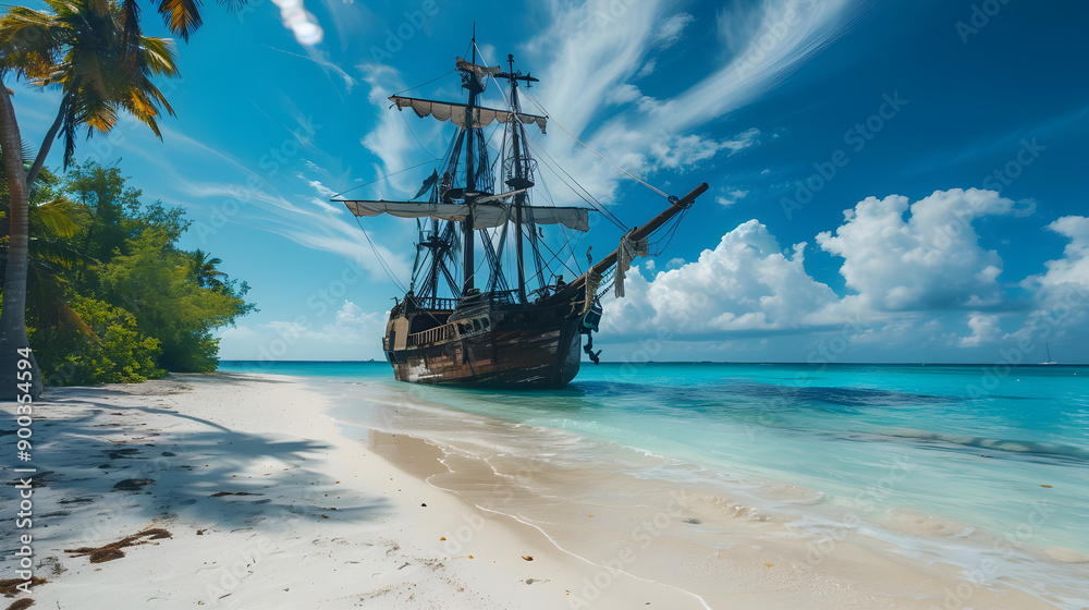 A pirate ship lies abandoned on a sandy beach, surrounded by palm trees and rocks. A pirate ship lies abandoned on a sandy beach, surrounded by palm trees and rocks.