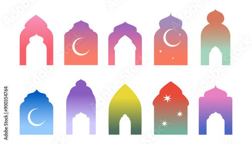 Oriental style Islamic arch. Boho design. Different gradient shapes arab decorative frame. Arabian silhouette arabesque trendy border, contemporary ramadan kareem, eid mubarak modern vector set