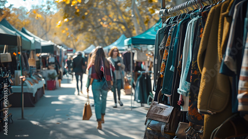 A vibrant scene of bustling market stalls in a pop-up flea market with raw style.