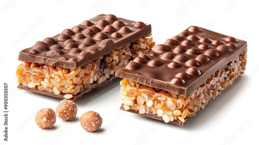 Two halves of a cut chocolate bar with crispy wafers, rice balls, and caramel, isolated on white background, showcasing pastry shop details Two halves of a cut chocolate bar with crispy wafers, rice balls, and caramel, isolated on white background, showcasing pastry shop details