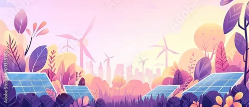Colorful illustration of a sustainable energy landscape featuring solar panels and wind turbines at sunset, surrounded by nature.