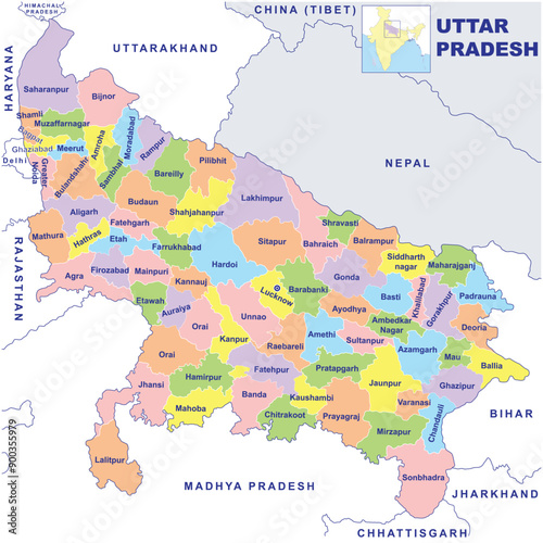 Detailed vector Illustration of Uttar Pradesh map State and District map with neighbour geographical map of Uttar Pradesh.