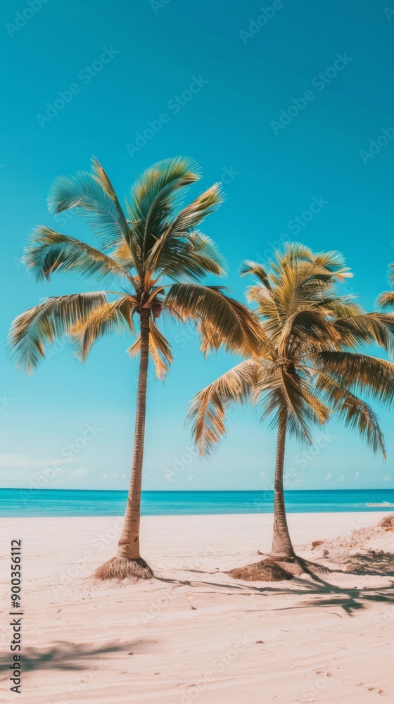 Beach scene in the summer with palm trees on the sandy beach and a clear blue sky in the center of the composition there is an open space on the beach Beach scene in the summer with palm trees on the sandy beach and a clear blue sky in the center of the composition there is an open space on the beach