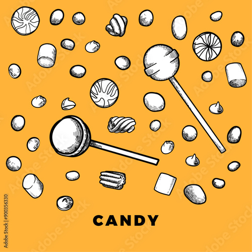 Hand drawn vector candies. Lollipops, gum, marshmallow with chocolate, vanilla, coffee, caramel and fruit flavors. Easy to edit and use vector food assets. Black outline, white fill in separate groups