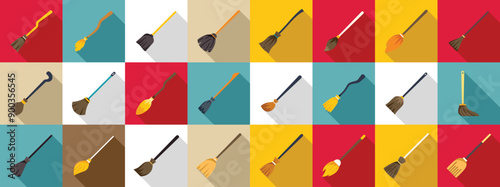 Broomstick icons set. Collection of different brooms for cleaning and performing magic rituals with long shadow on colorful backgrounds in flat style