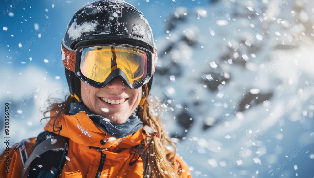 Smiling Skier in Bright Orange Gear Enjoying Snowy Mountain Adventure Smiling Skier in Bright Orange Gear Enjoying Snowy Mountain Adventure