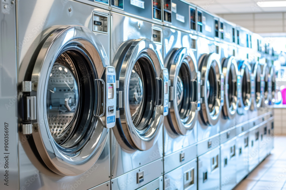 A row of gleaming washing machines in a clean laundromat A row of gleaming washing machines in a clean laundromat