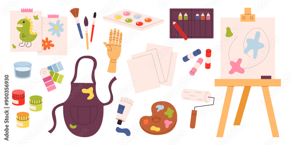 Set of painting tools, art supplies for drawing. Art class studio Painters equipment, stationery. Paint tubes, crayons , brushes, canvas, pencil, watercolor, palette. Wooden hand mannequin. Flat