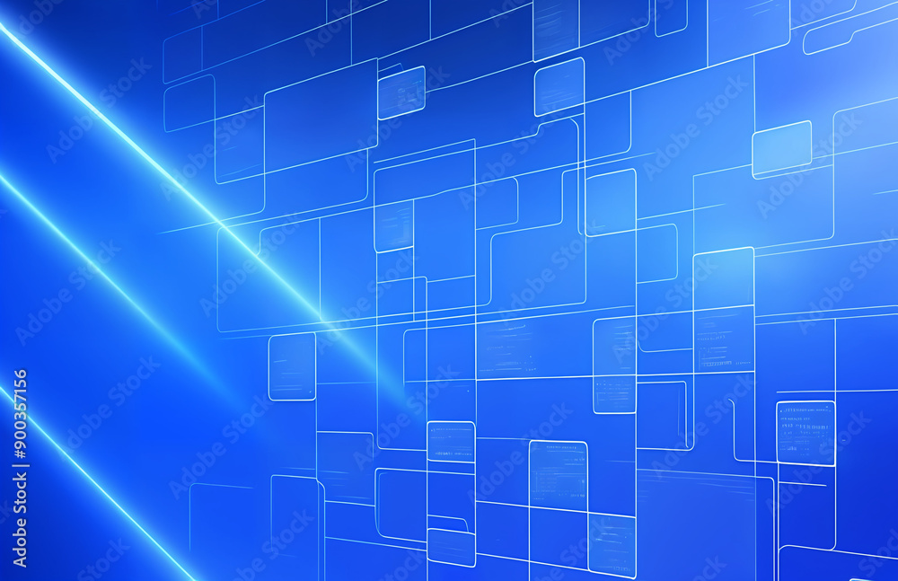 Fototapeta premium Background of abstract technological connectivity. Blue shapes. Hi-tech computer digital technology concept. Abstract technology communication. Neon glowing lines.