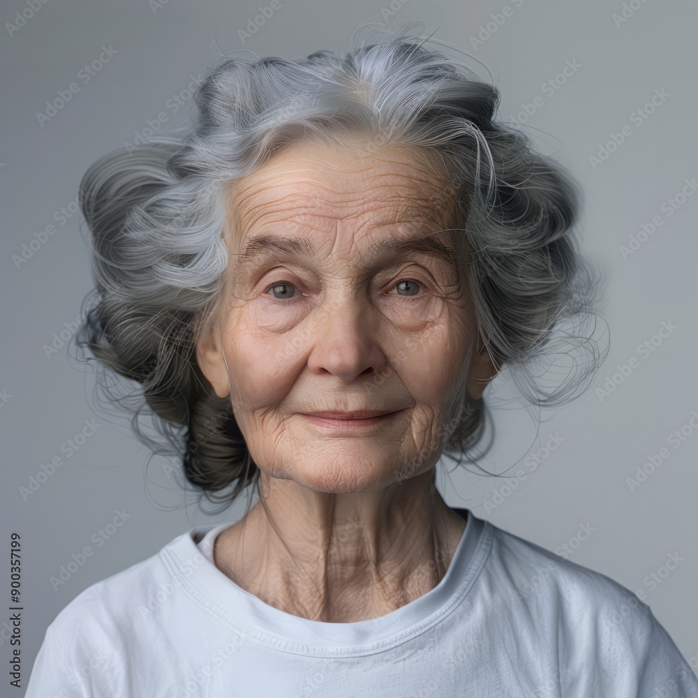 Close-up image of old smiling woman with grey hair and grey eyes, wearing white t-shirt. Woman standing isolated on grey background Close-up image of old smiling woman with grey hair and grey eyes, wearing white t-shirt. Woman standing isolated on grey background