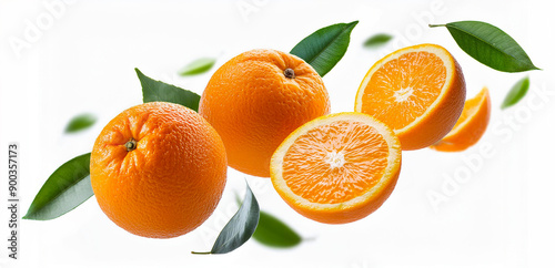 oranges with half slices orange falling or flying in the air with green leaves isolated on white background. Generative AI.