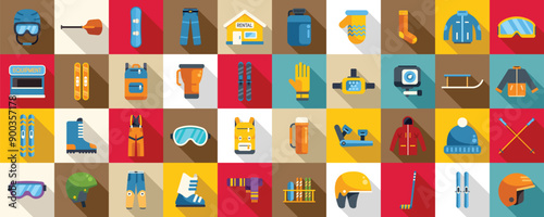 Ski equipment rental icons set. Enjoy winter adventures with this vibrant collection of winter sports equipment and clothing, perfect for snowy escapades
