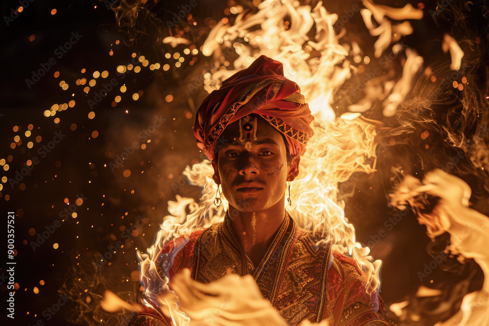 Man in Himalayan attire engulfed in flames creates intense contrast Man in Himalayan attire engulfed in flames creates intense contrast