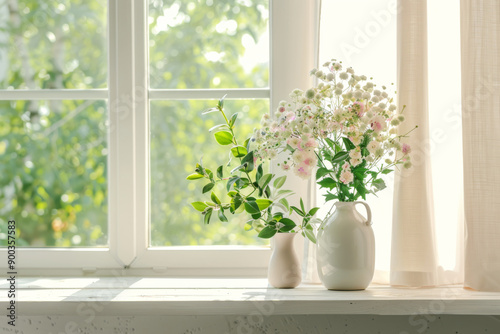 A white windowsill with two vases of flowers illuminated by the sun streaming through a window