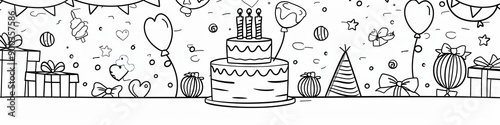 A joyful birthday party scene with balloons presents and a big cake topped with candles in the style of simple black and white colouring page for children with very basic detail plenty of white space