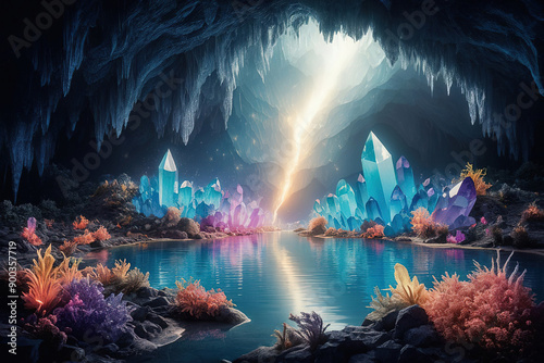 Cave filled with precious stones, crystal druses and water, illuminated by rays of light. Lake inside a cave photo