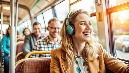travel, vacation, technology and people concept - smiling young woman in headphones riding in bus