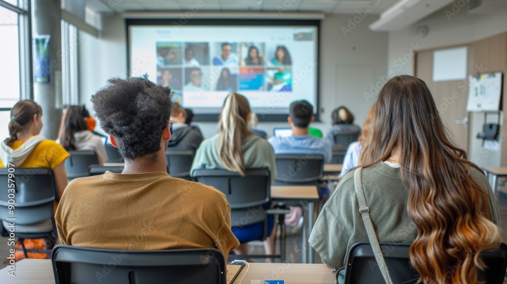 Students seated in a classroom facing a large screen presentation - education - training - seminar Students seated in a classroom facing a large screen presentation - education - training - seminar