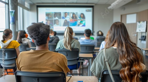 Students seated in a classroom facing a large screen presentation - education - training - seminar